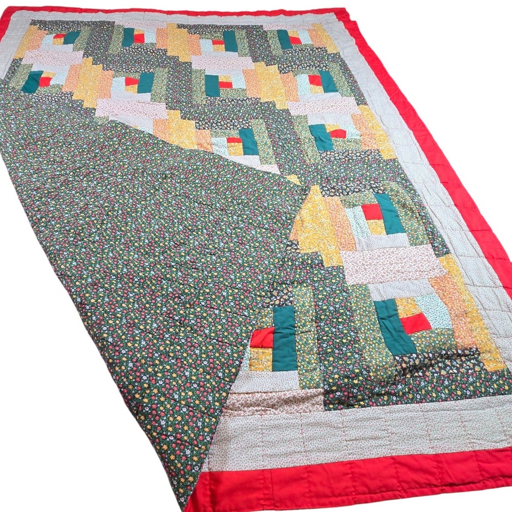 Vintage Handmade Quilt Throw Blanket 70" x 60" Red Scrappy Log Cabin 1980 Rustic